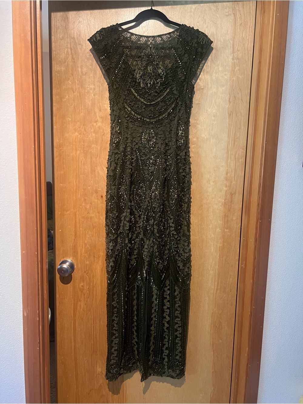 Sue Wong Olive Beaded Sequin Maxi Gown